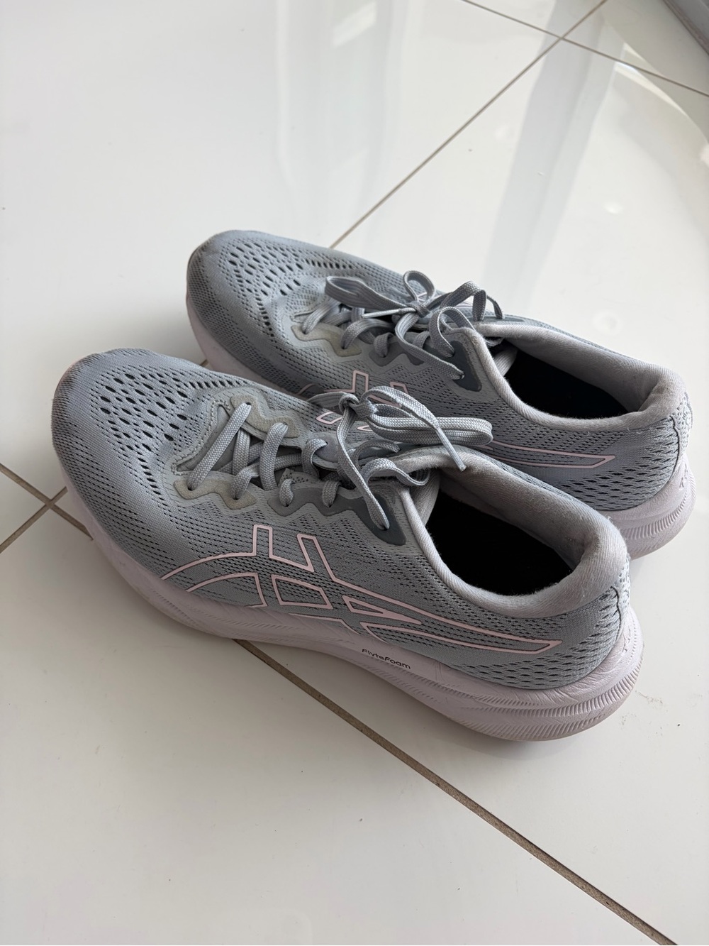 Asics Women's Light Gray Running Shoes with Pink Accents